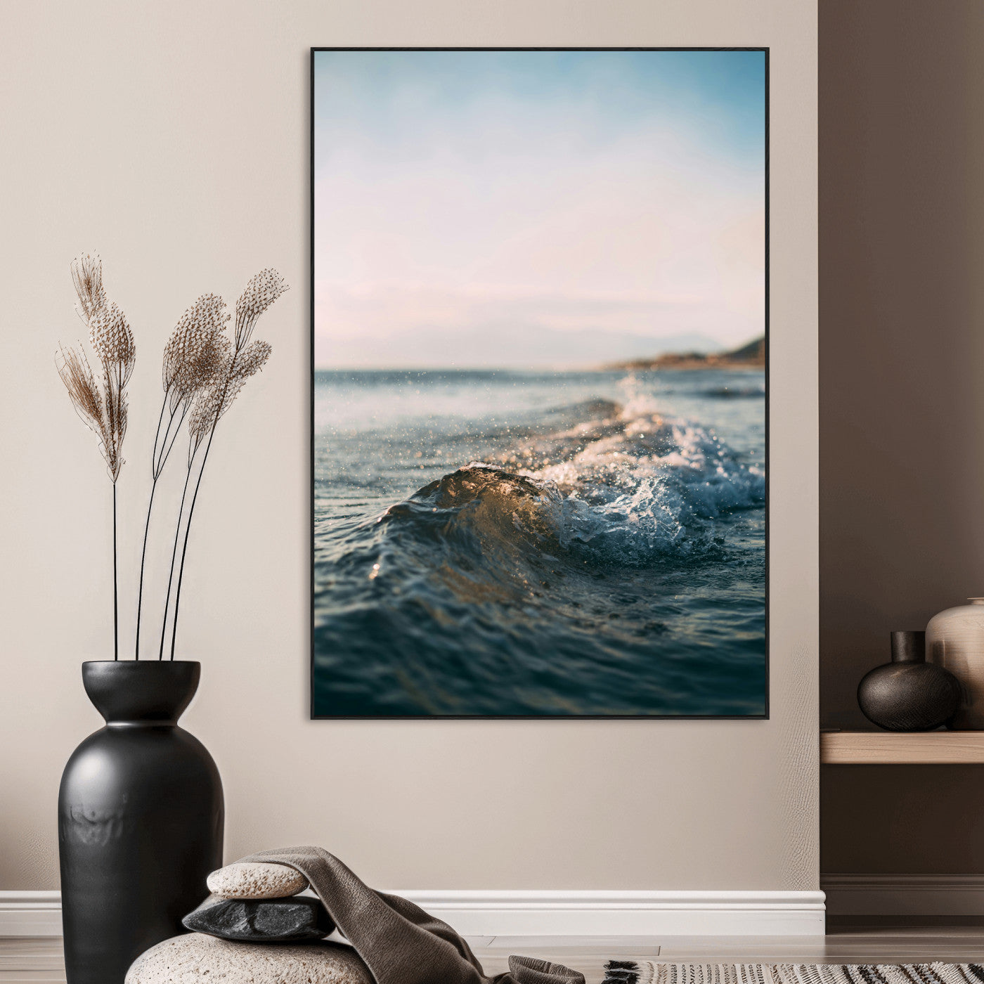 SEG-FC-51X34_Oversize - Ocean Waves Wall Art Canvas Print, Framed Coastal Serenity Art Picture Print, Golden Hour Perfect Modern Coastal Decor Artwork