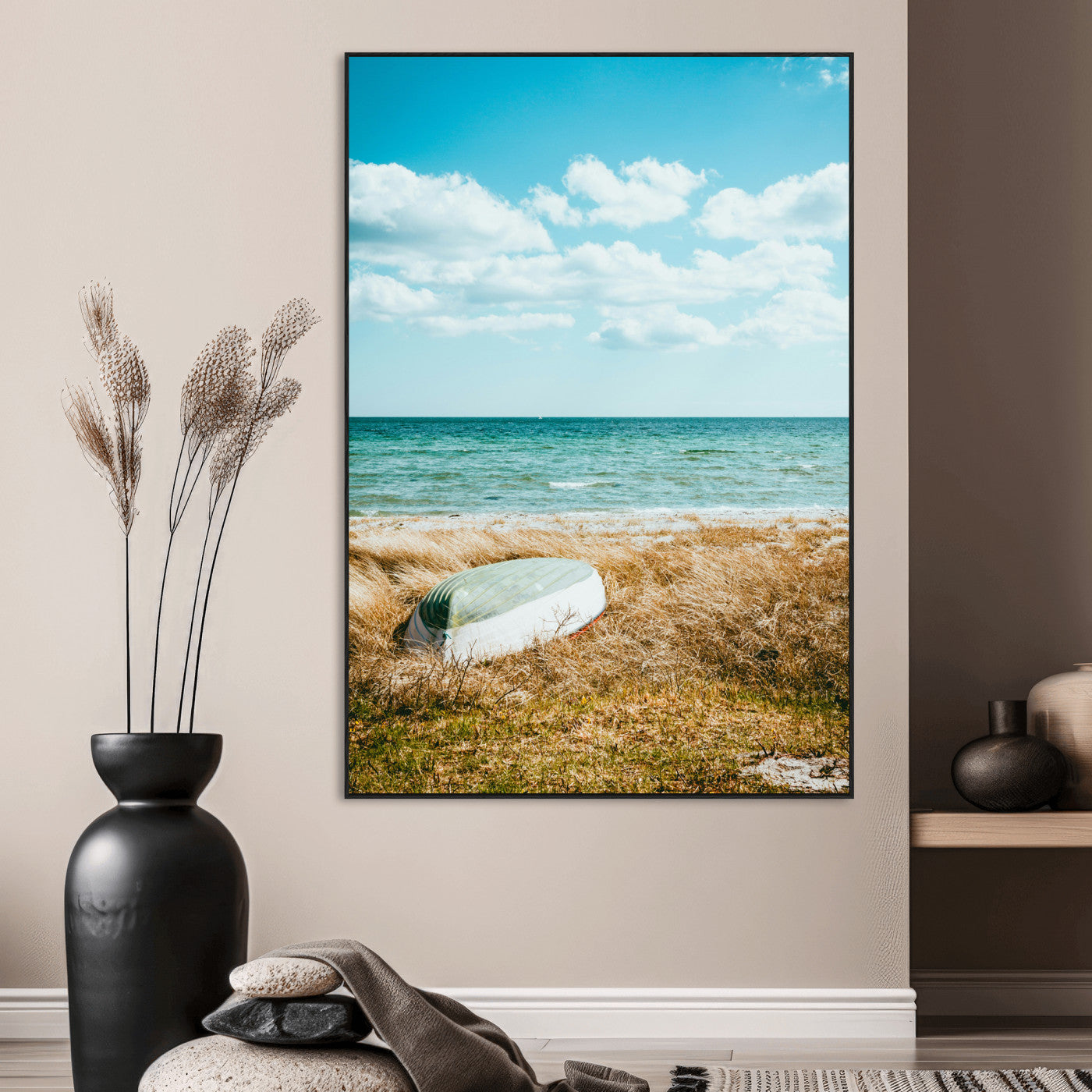 SEG-FC-51X34_Oversize - Coastal Serenity Wall Art Canvas Print, Framed Ocean View Art Picture Print, Rustic Boat Perfect Nautical Coastal Decor Artwork