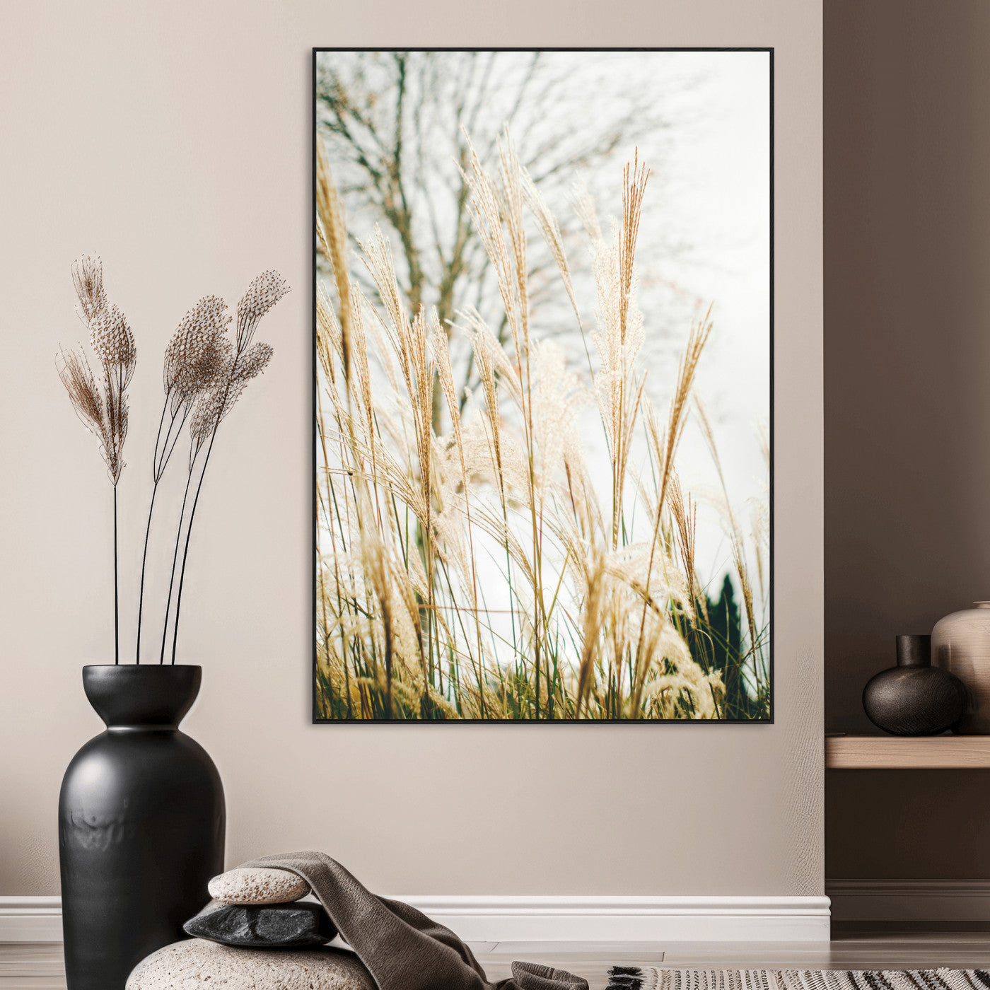 SEG-FC-51X34_Oversize - Pampas Grass Wall Art Canvas Print, Framed Neutral Tones Art Picture Print, Minimalist Nature Perfect Boho Minimalist Decor Artwork
