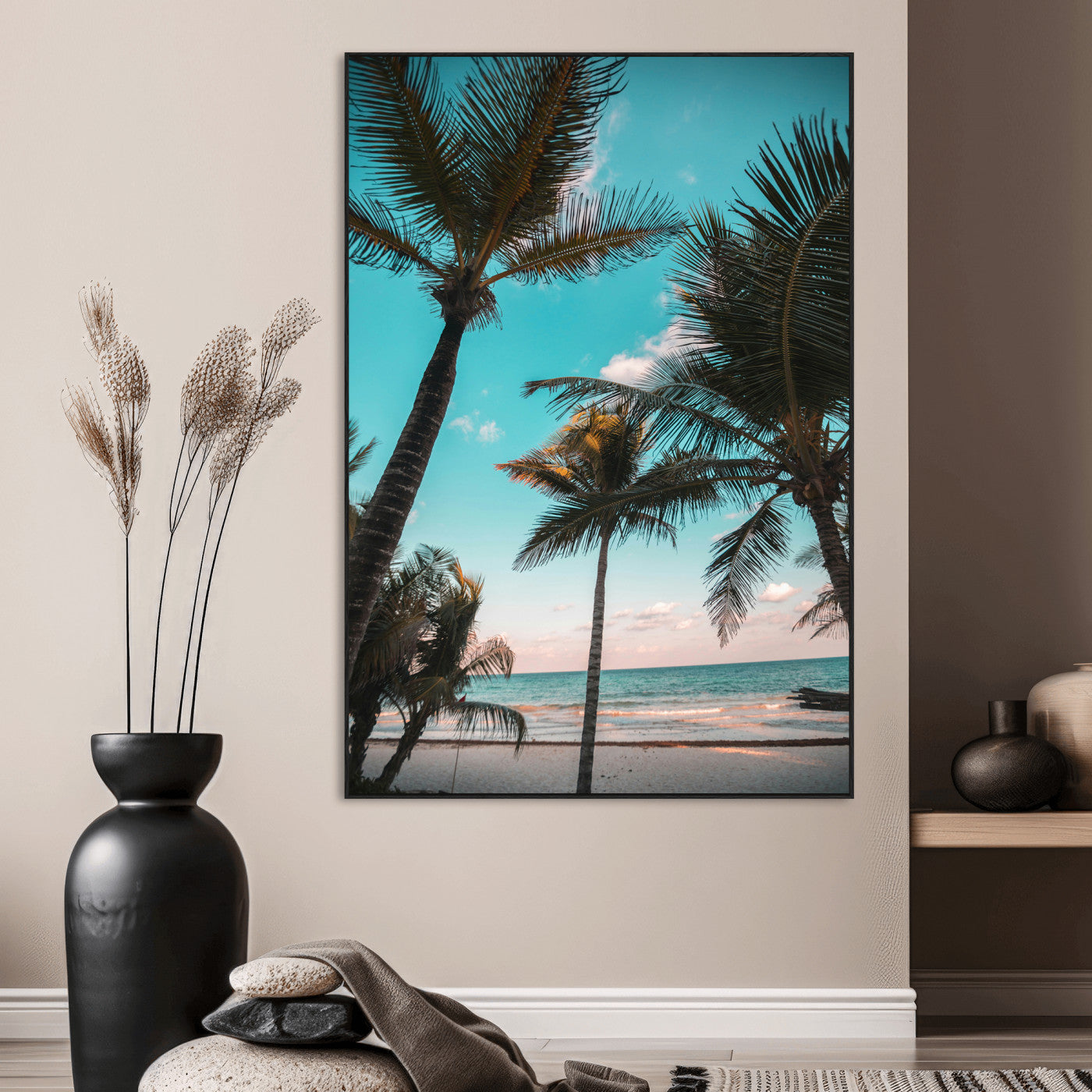 SEG-FC-51X34_Oversize - Palm Trees Wall Art Canvas Print, Framed Tropical Beach Art Picture Print, Ocean Breeze Perfect Tropical Coastal Decor Artwork