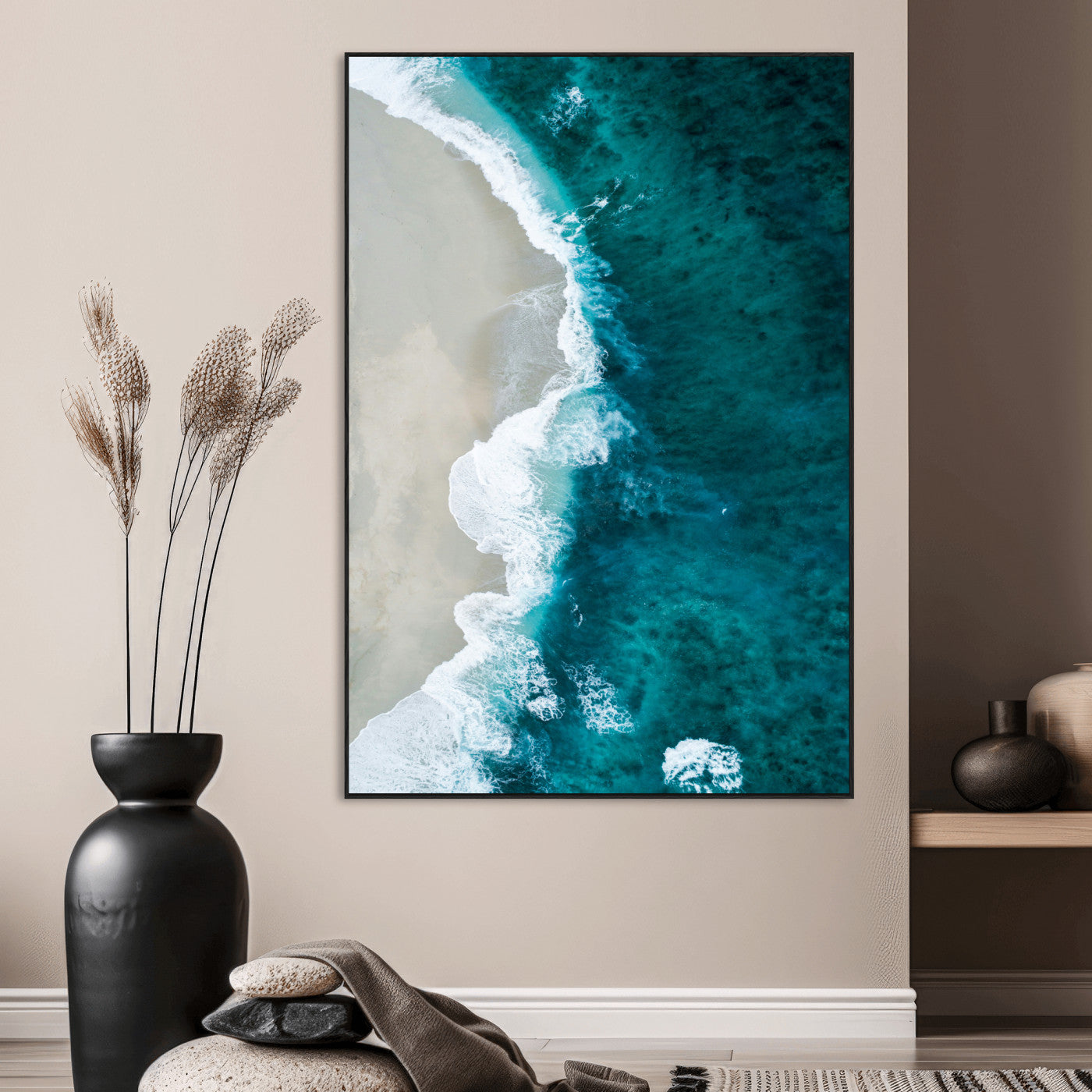 SEG-FC-51X34_Oversize - Aerial Ocean View Wall Art Canvas Print, Framed Coastal Serenity Art Picture Print, Turquoise Waves Perfect Modern Coastal Decor Artwork
