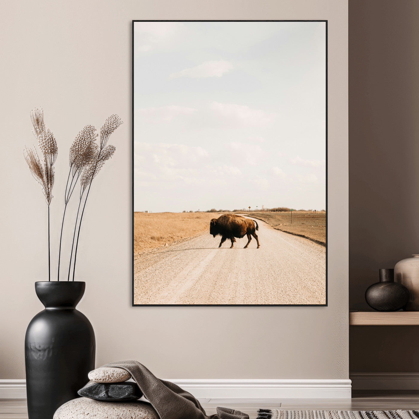 SEG-FC-51X34_Oversize - Bison Crossing Wall Art Canvas Print, Framed Western Landscape Art Picture Print, Prairie Road Perfect Modern Ranch Decor Decor Artwork