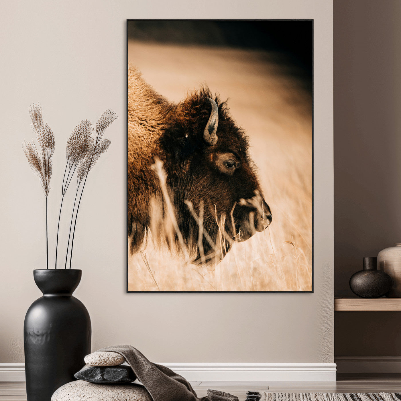 SEG-FC-51X34_Oversize - Bison Portrait Wall Art Canvas Print, Framed Western Landscape Art Picture Print, Prairie Serenity Perfect Modern Ranch Decor Decor Artwork
