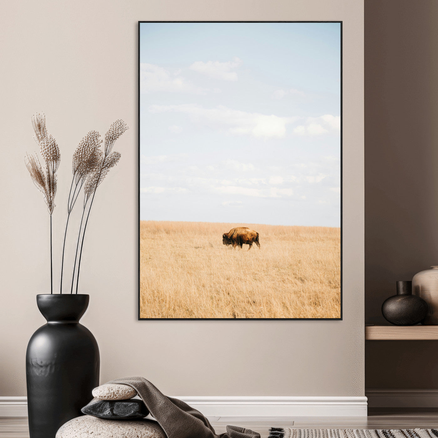 96766166-MGV-CV-24X36-Minimalist Nature Wall Art Canvas Print, Framed Bison In Grassland Art Picture Print, Open Field