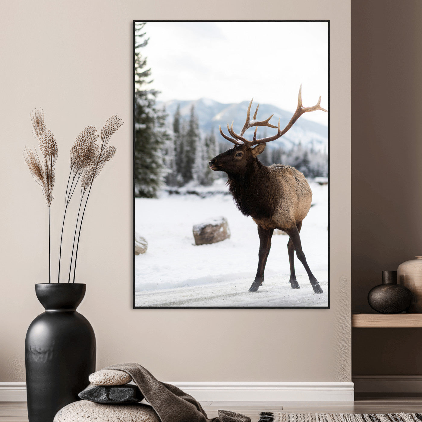 SEG-FC-51X34_Oversize - Elk Photography Wall Art Canvas Print, Framed Winter Wildlife Art Picture Print, Snowy Mountains Perfect Rustic Cabin Decor Decor Artwork