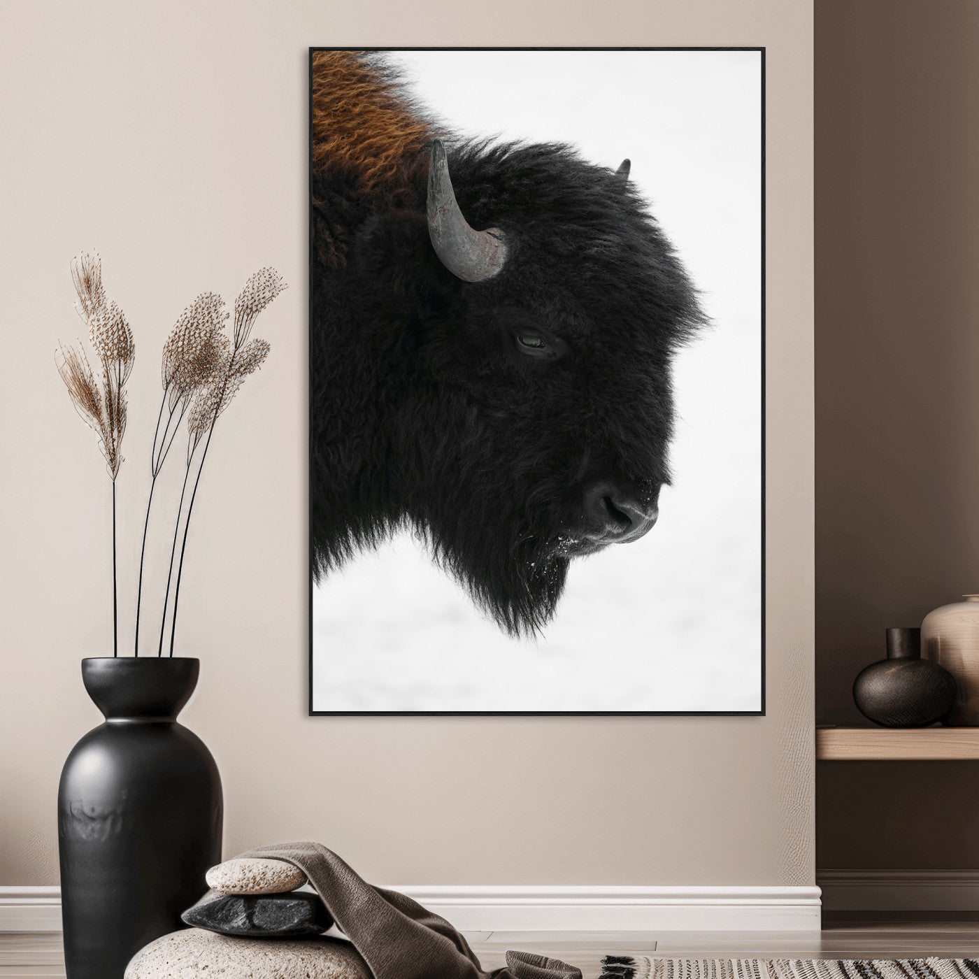 SEG-FC-51X34_Oversize - Western Rustic Wall Art Canvas Print, Framed Buffalo Photography Art Picture Print, Black and White Wildlife Perfect Country Decor Artwork