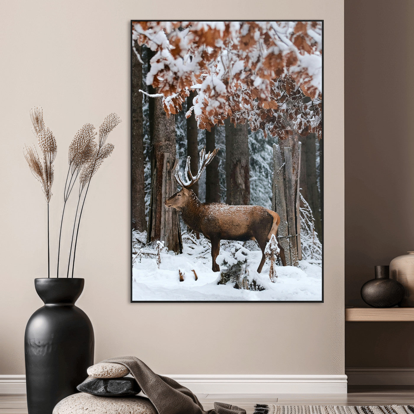 SEG-FC-51X34_Oversize - Serene Landscape Wall Art Canvas Print, Framed Winter Wonderland Art Picture Print, Winter Deer Perfect Cabin Decor Artwork