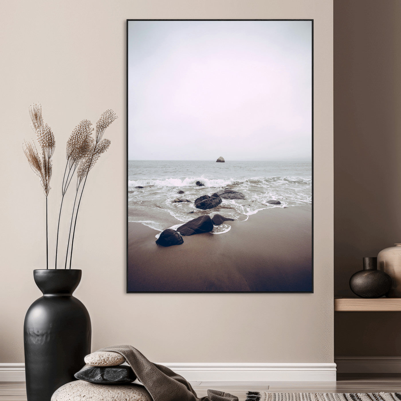 SEG-FC-51X34_Oversize - Moody Seascape Wall Art Canvas Print, Framed Neutral Beach Art Picture Print, Foggy Ocean Perfect Minimalist Decor Artwork