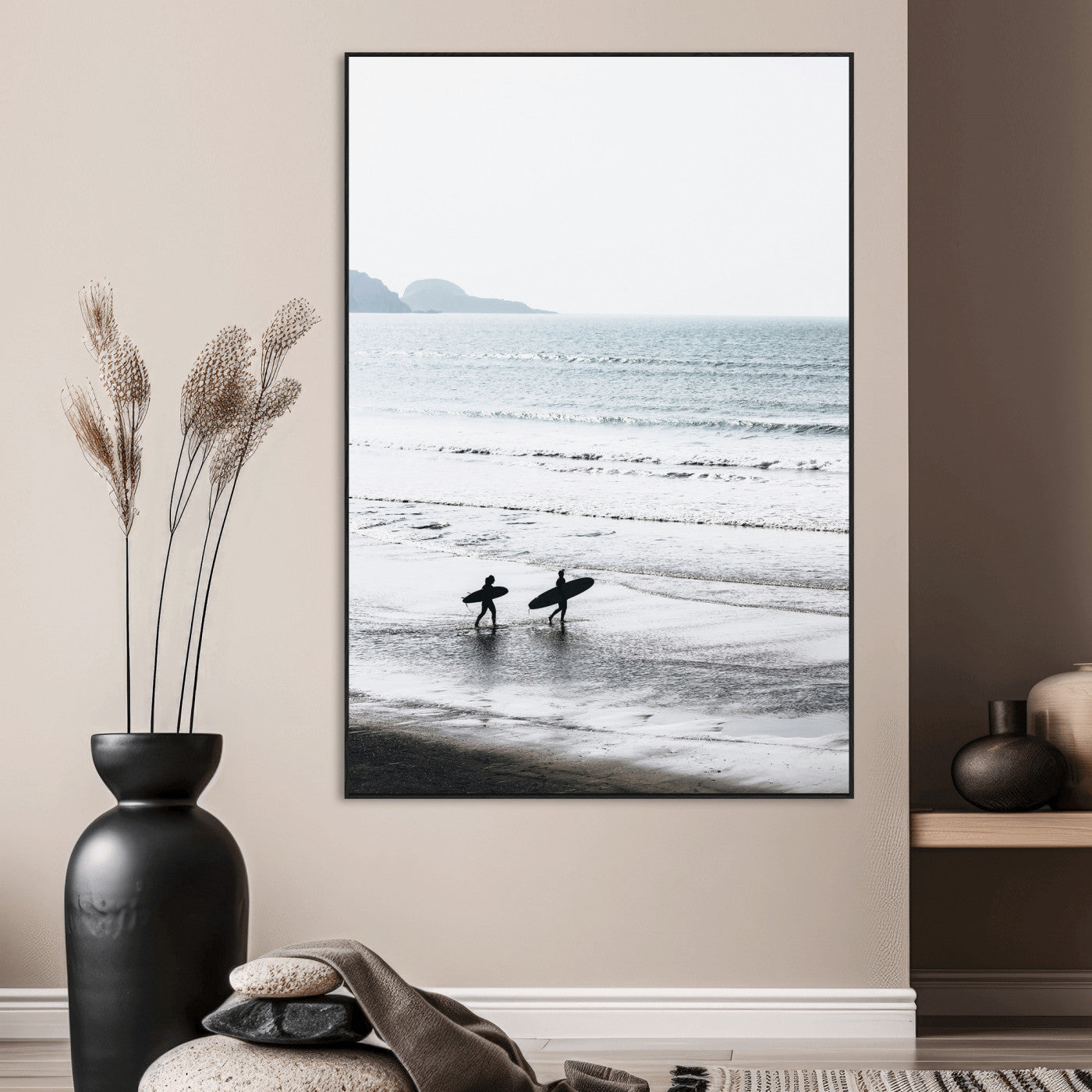 SEG-FC-51X34_Oversize - Surfer Silhouettes Wall Art Canvas Print, Framed Minimalist Ocean Art Picture Print, Soft Horizon Perfect Minimalist Coastal Decor Artwork