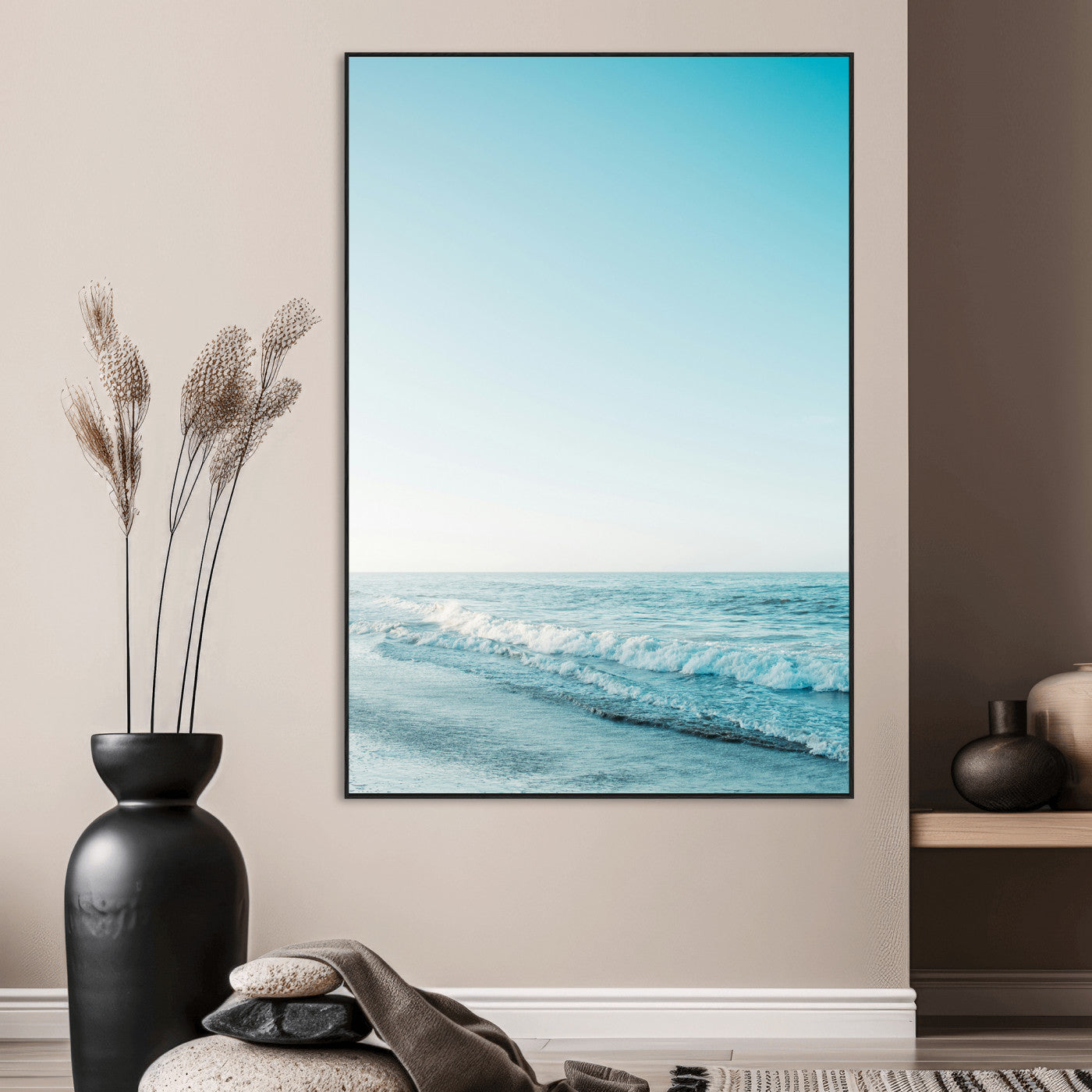 SEG-FC-51X34_Oversize - Minimalist Ocean Wall Art Canvas Print, Framed Calm Seascape Art Picture Print, Soft Blue Tones Perfect Coastal Minimalist Decor Artwork