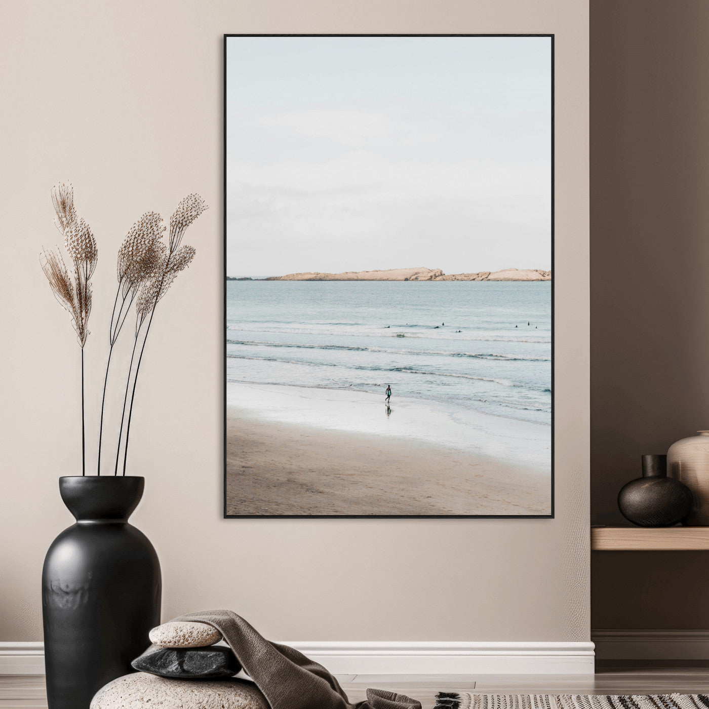 SEG-FC-51X34_Oversize - Minimalist Beach Wall Art Canvas Print, Framed Soft Blue Tones Art Picture Print, Tranquil Ocean Perfect Coastal Minimalist Decor Artwork