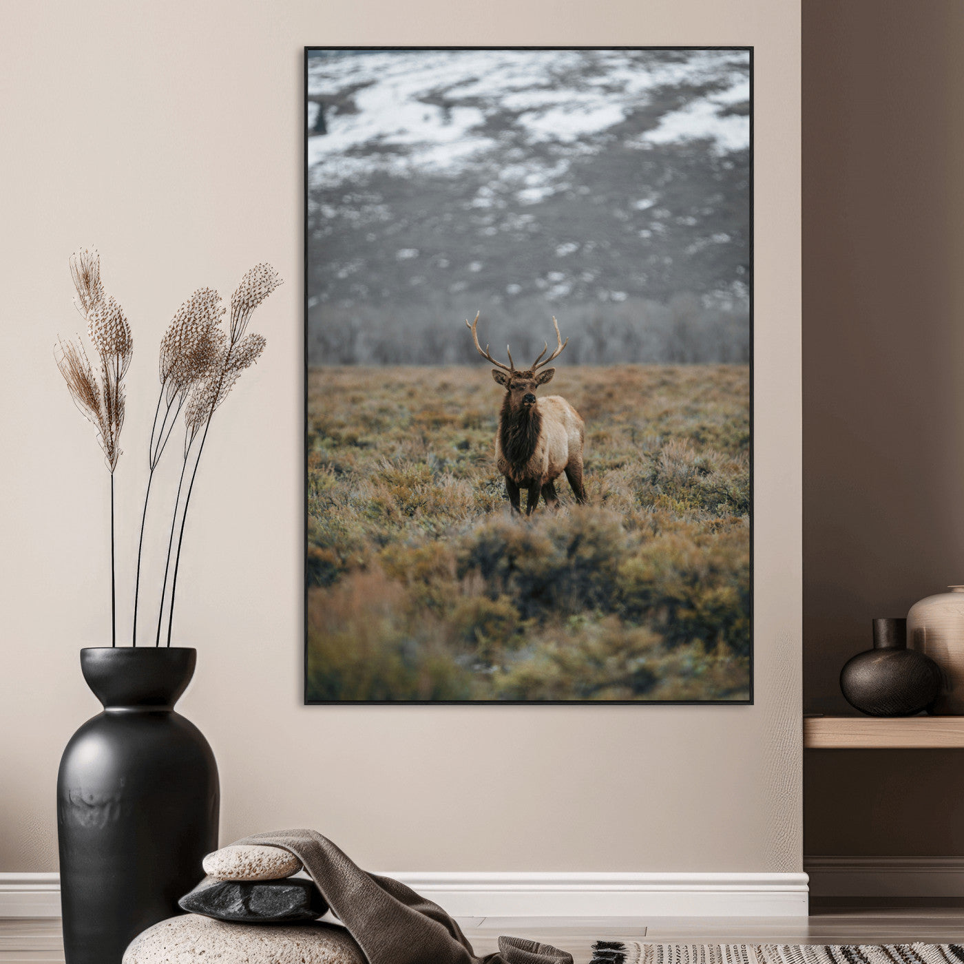 SEG-FC-51X34_Oversize - Wild Elk Wall Art Canvas Print, Framed Mountain Wilderness Art Picture Print, Majestic Animal Perfect Rustic Lodge Decor Artwork