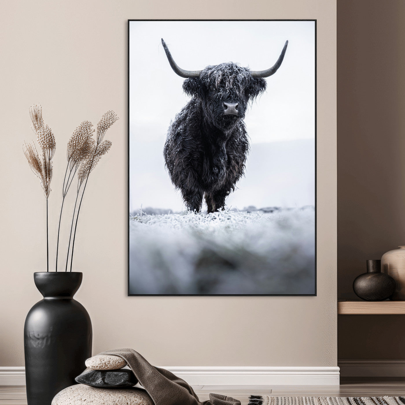 SEG-FC-51X34_Oversize - Frosty Black Highland Wall Art Canvas Print, Framed Moody Winter Aesthetic Art Picture Print, Scottish Highlands Perfect Modern Rustic Decor Artwork