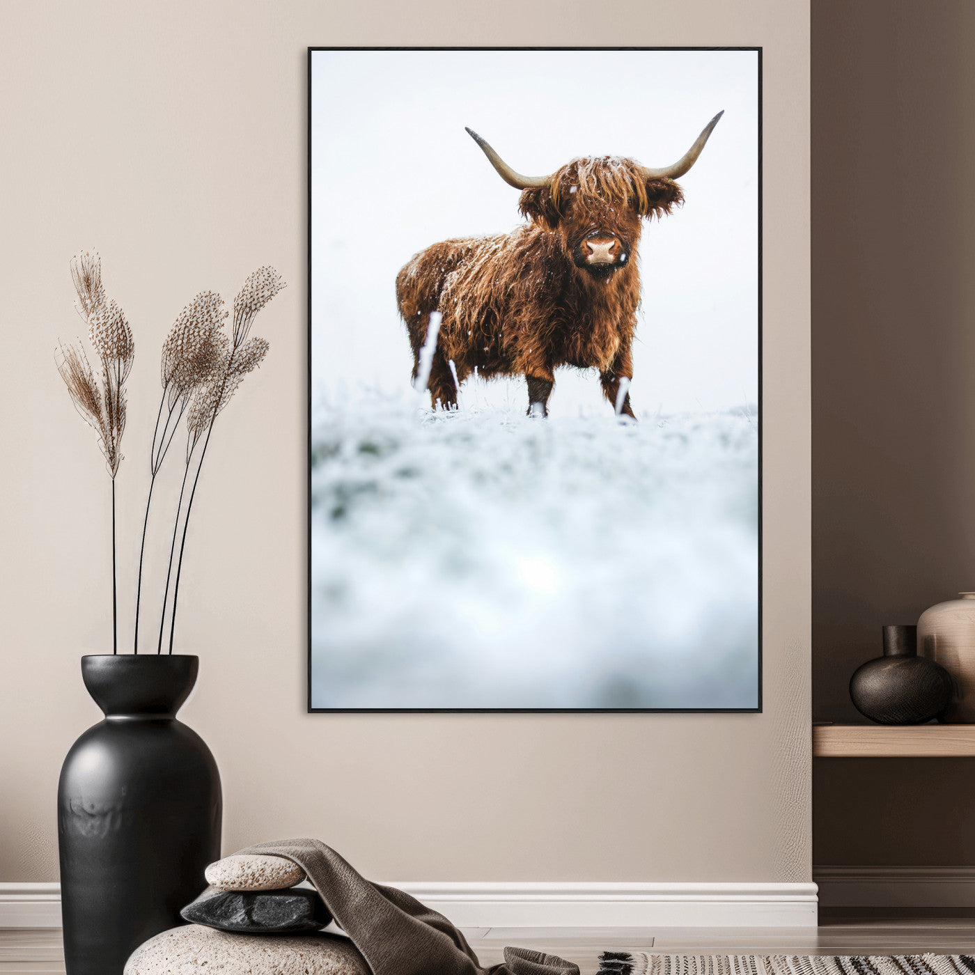 SEG-FC-51X34_Oversize - Highland Cow Wall Art Canvas Print, Framed Horned Cow Art Picture Print, Scottish Cattle Perfect Farmhouse Decor Artwork