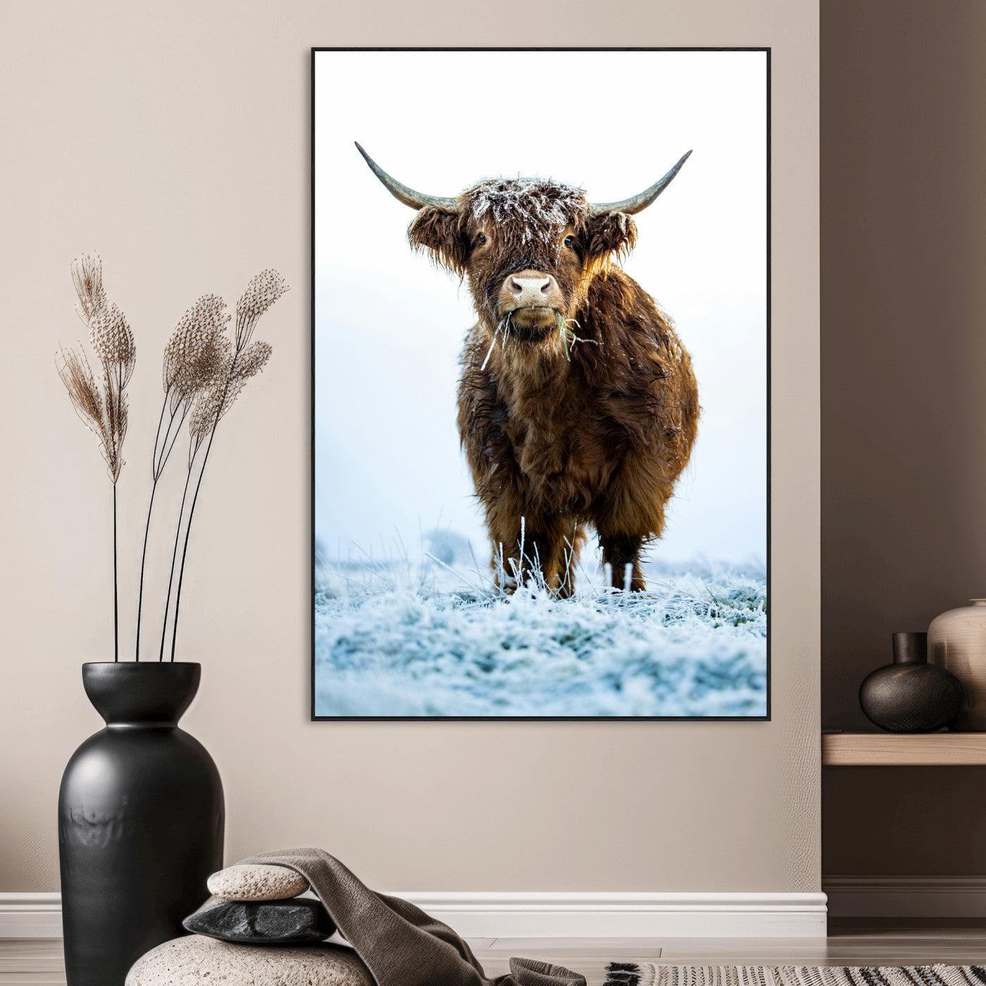 SEG-FC-51X34_Oversize - Highland Cow Wall Art Canvas Print, Framed Frosty Grass Art Picture Print, Winter Scene Perfect Rustic Farmhouse Decor Artwork