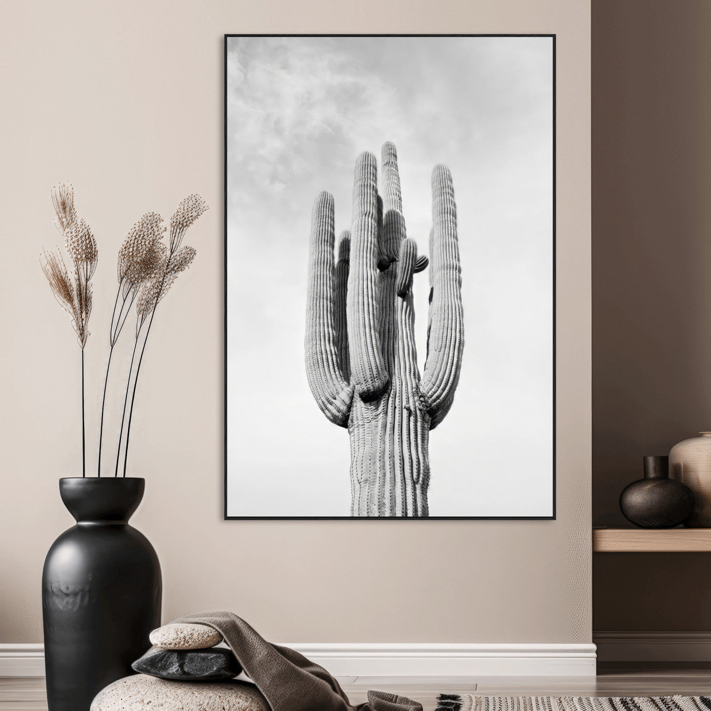 SEG-FC-51X34_Oversize - Saguaro Cactus Wall Art – Black and White Desert Landscape Canvas Print, Modern Minimalist Nature Decor for Home, Office, Living Room