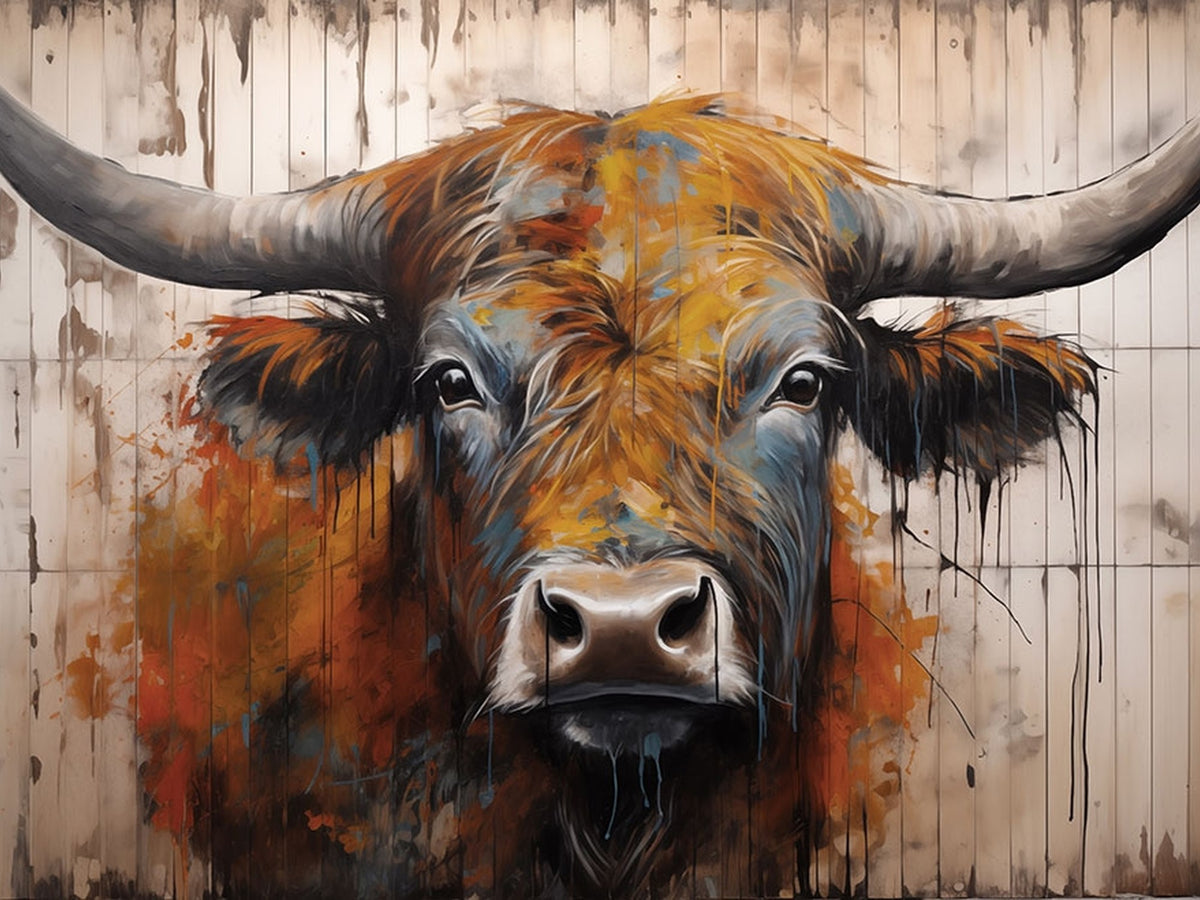 47284-MGV-CV-24X16 - Abstract Bull Highland Cow Canvas Wall Art Print