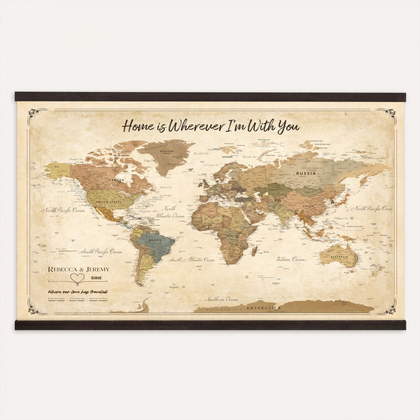 40086165-T-MGV-TP-30X20 - Framed Vintage Custom World Map Tapestry Print - Personalized Travel Map Wall Art Tapestry