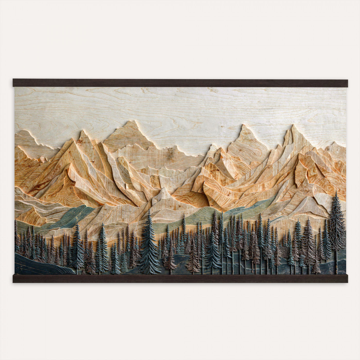 66676213-MGV-TP-30X20 - Geometric Wood Mountain Wall Art Canvas Print, 3D Look Rustic Mosaic Landscape Print