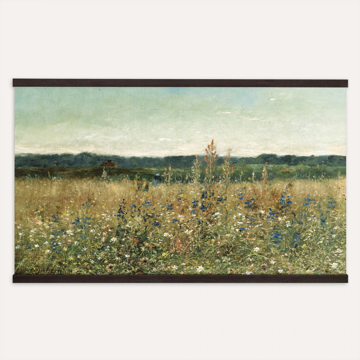 78325586-MGV-TP-30X20 - Realism oil painting tapestry wall hanging of "Champ fleuri" by Antoine Chintreuil, showing a wide flowering field running toward a low horizon, with soft scattered blooms and a pale open sky in soft white and green field tones under a pale luminous sky. Extra large wall art, made in the USA.