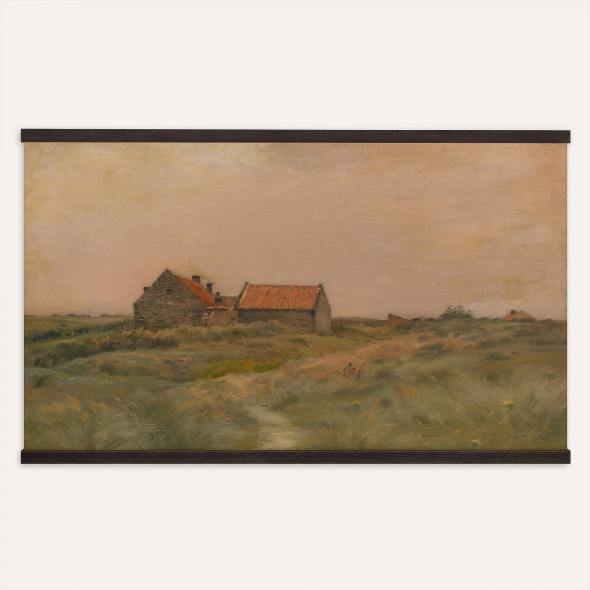 37954120-MGV-TP-30X20 - Realism oil painting tapestry wall hanging of "October Day" by Jean-Charles Cazin, showing a low stone cottage at the edge of a bare autumn field, with a grey October sky pressing down behind it in muted ochre and grey autumn tones with a soft overcast sky. Extra large wall art, made in the USA.