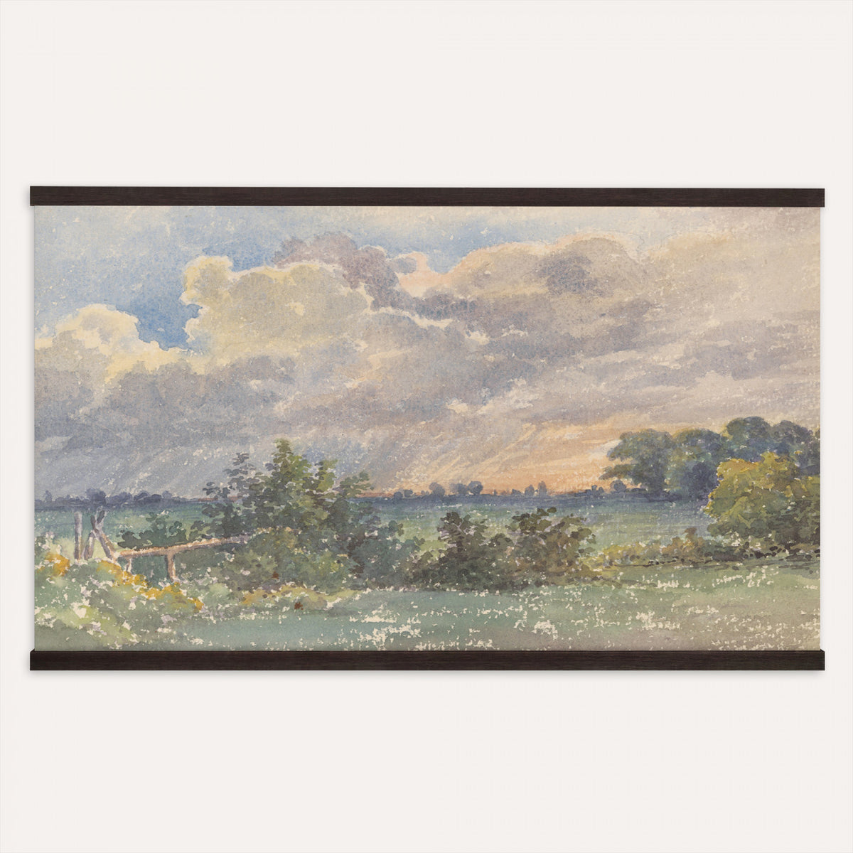 30588477-MGV-TP-30X20 - Realism oil painting tapestry wall hanging of "Landscape with Storm Clouds" by Jean-Baptiste Calame, showing heavy storm clouds gathering over a low country field, with a dark tree line holding the horizon in dark grey storm clouds over muted green fields. Extra large wall art, made in the USA.