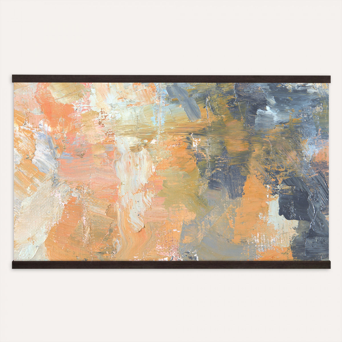 92754702-MGV-TP-30X20 - Cubism abstract oil painting tapestry wall hanging of "Abstract Landscape" by Nicolas de Stael, showing thick blocks of peach, grey, and cream laid side by side into a landscape that reads as pure shape and color in soft peach, warm grey, and cream color blocks. Extra large wall art, made in the USA.