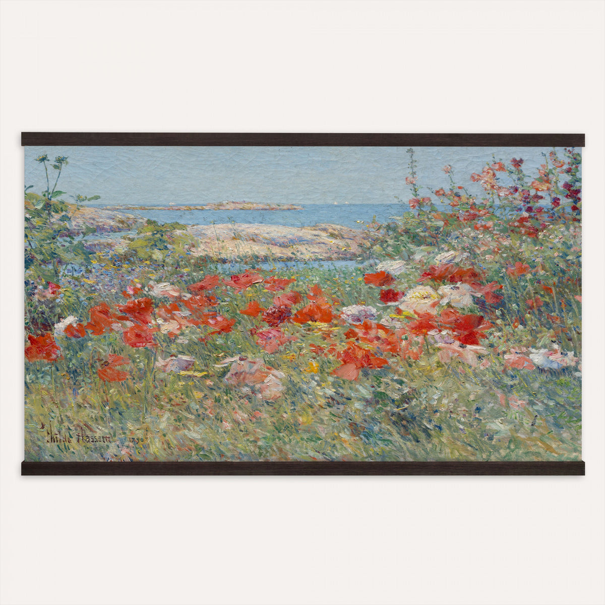16720314-MGV-TP-30X20 - Impressionism oil painting tapestry wall hanging of "Celia Thaxter's Garden, Isles of Shoals" by Childe Hassam, showing a cliffside garden bursting with red poppies above a bright blue sea and rocky island shore in vivid red poppies against deep blue sea and green garden foliage. Extra large wall art, made in the USA.