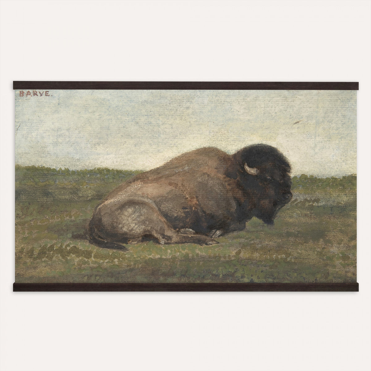 59987270-MGV-TP-30X20 - Realism oil painting tapestry wall hanging of "Bison Lying Down" by Antoine-Louis Barye, showing a heavy bison at rest on open prairie ground, painted with weight and quiet animal presence in deep brown bison coat against muted prairie grass and a low sky. Extra large wall art, made in the USA.