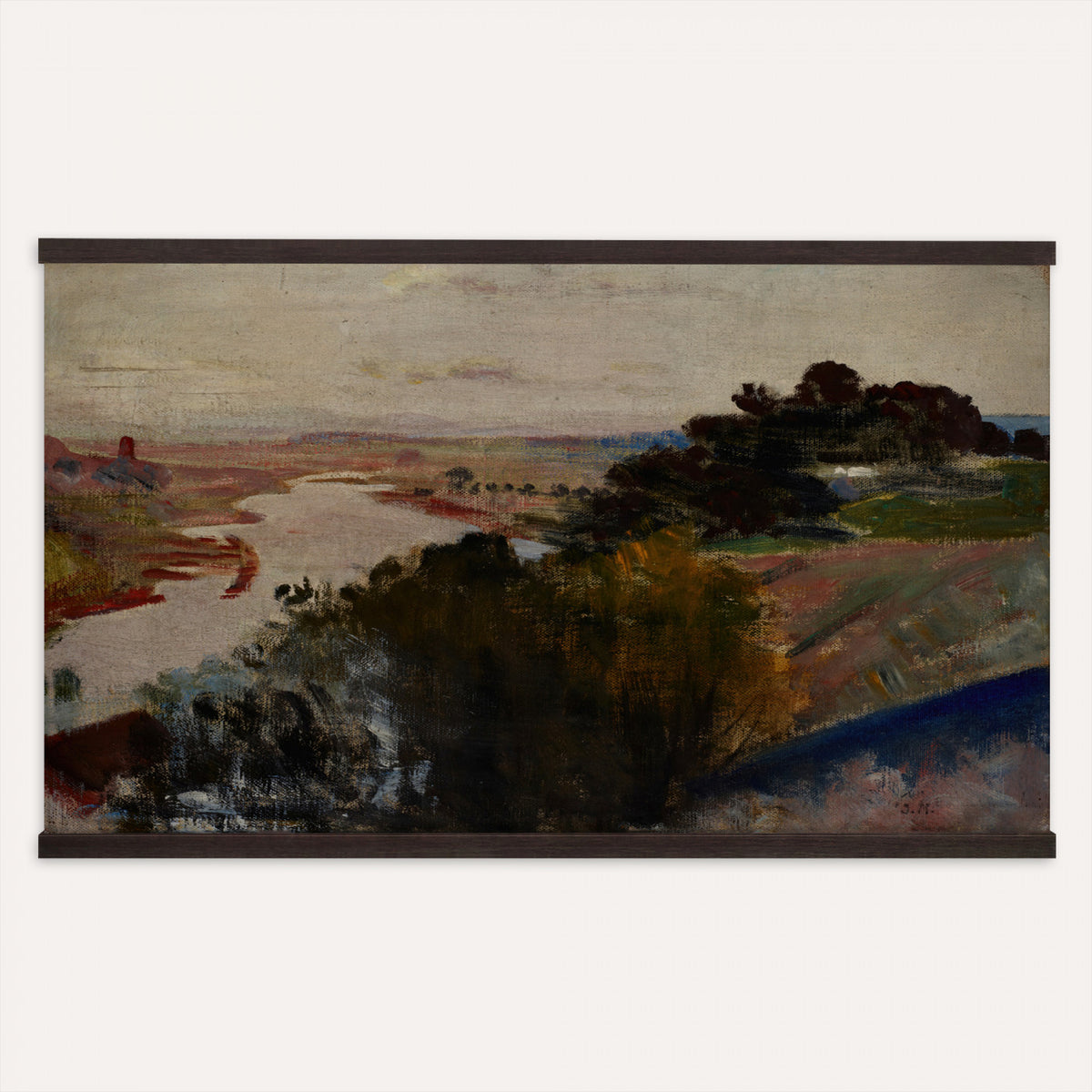 26767784-MGV-TP-30X20 - Symbolism oil painting tapestry wall hanging of "Landscape at the Vistula" by Jacek Malczewski, showing the wide Vistula river bank in muted earth tones, with bare ground and a heavy symbolic stillness over it in muted brown and ochre earth tones under a heavy pale sky. Extra large wall art, made in the USA.
