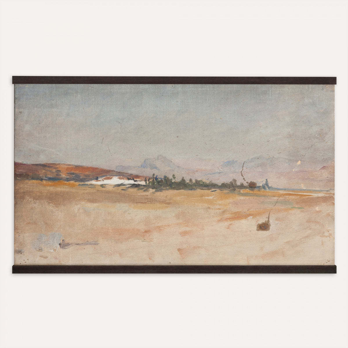 54607912-MGV-TP-30X20 - Impressionism oil painting tapestry wall hanging of "Antequera" by Jan Ciaglinski, showing the dry Andalusian hills above Antequera in warm ochre and rose light, with pale rock ridges rolling into the distance in warm ochre, rose, and sand hill tones under a bright hazy sky. Extra large wall art, made in the USA.
