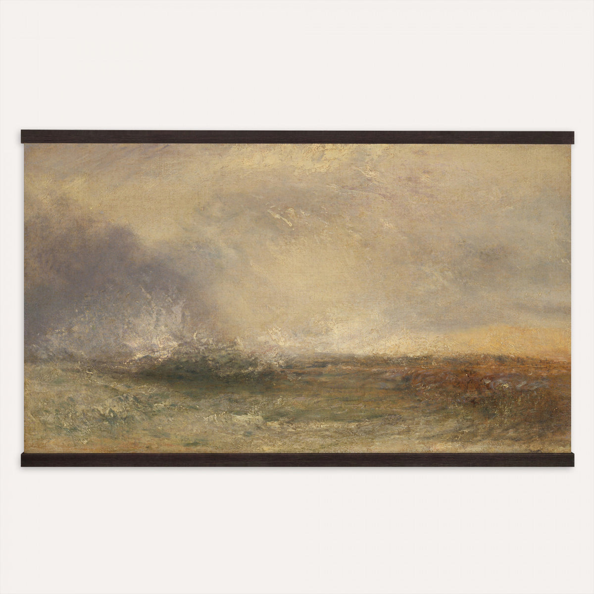 60751788-MGV-TP-30X20 - Tonalism oil painting tapestry wall hanging of "Snow Field" by Charles Henry Eaton, showing an untouched snow field at first light, with a dark tree line at the edge and long blue shadows across the drifts in bright white snow with cool blue shadows and a dark winter tree line. Extra large wall art, made in the USA.