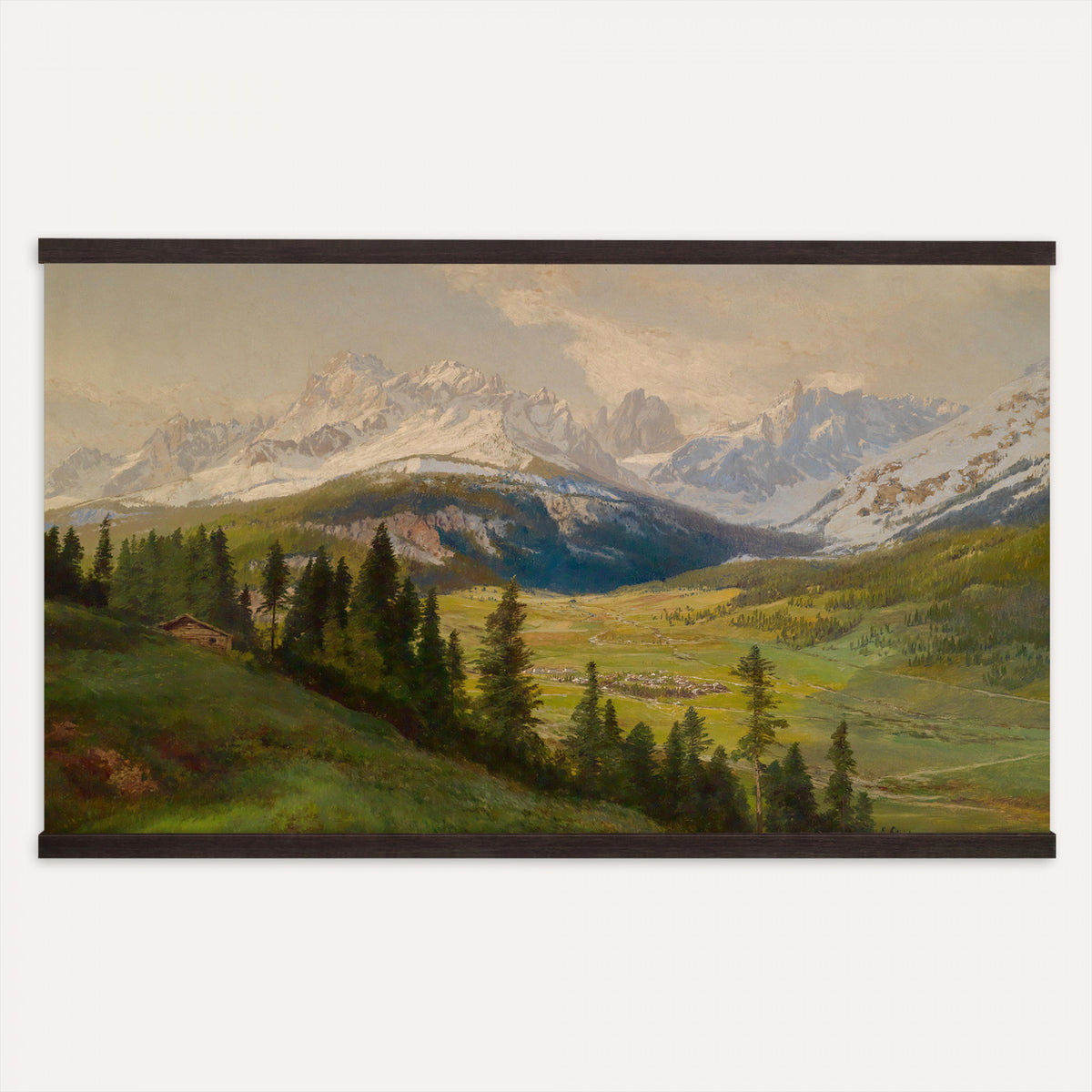 59788731-MGV-TP-30X20 - Realism charcoal and pastel sketch tapestry wall hanging of "Fields with Trees in Blossom" by Francesco Paolo Michetti, showing a dark country road running between blossoming trees, drawn in heavy charcoal under a low stormy sky in deep charcoal greys and blacks with pale blossom highlights. Extra large wall art, made in the USA.