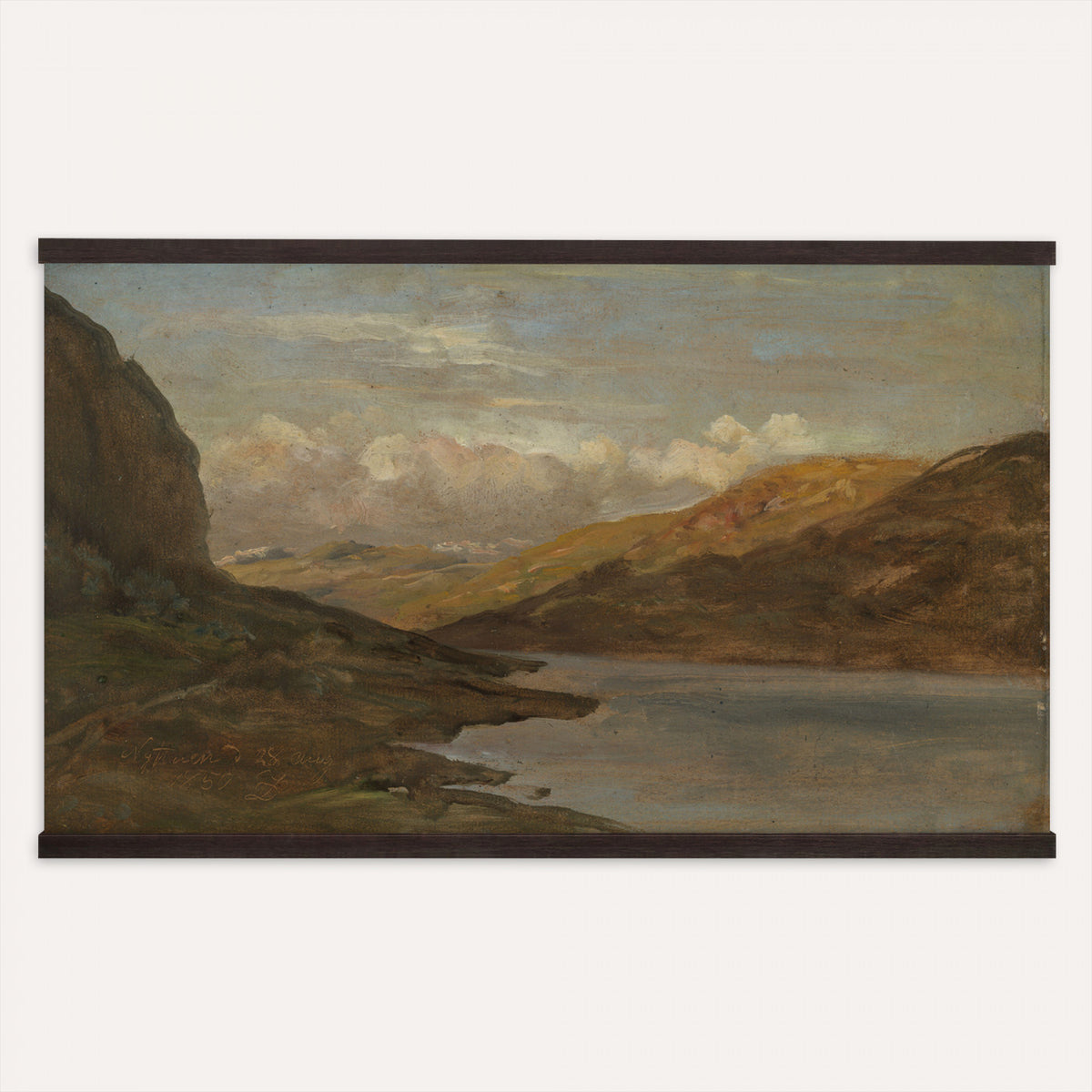 80242556-MGV-TP-30X20 - Neo Impressionism oil painting tapestry wall hanging of "Pool in the Kempen" by Theo van Rysselberghe, showing a still heath pool in the Campine, ringed by low scrub and slender birches under a soft northern sky in cool blue-green water with pale heath grasses and slim birch trunks. Extra large wall art, made in the USA.