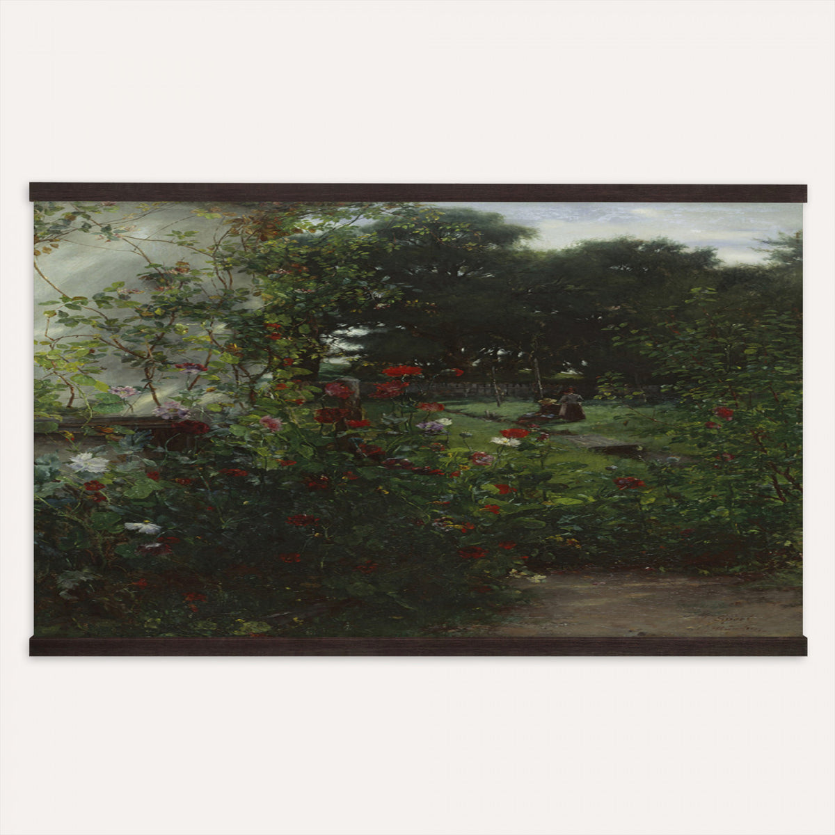 99581515-MGV-TP-30X20 - Barbizon oil painting tapestry wall hanging of "By the Brook" by Xavier De Cock, showing a shaded brook winding through dense woodland, with a small hidden figure resting among the trees in dark layered forest greens with warm brown earth and pale water light. Extra large wall art, made in the USA.