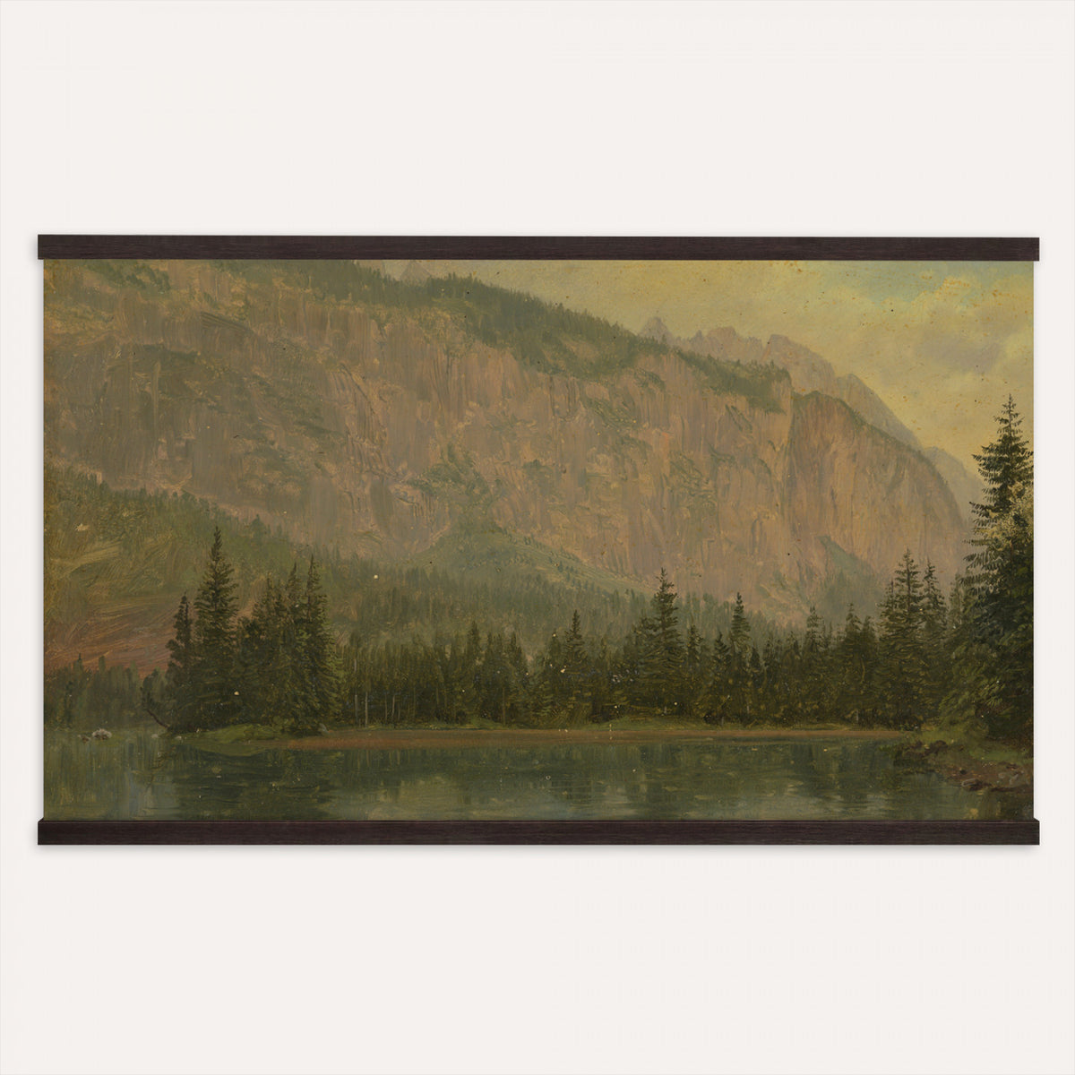 68668932-MGV-TP-30X20 - Tonalism oil painting tapestry wall hanging of "Snow Field" by Charles Henry Eaton, showing an untouched snow field at first light, with a dark tree line at the edge and long blue shadows across the drifts in bright white snow with cool blue shadows and a dark winter tree line. Extra large wall art, made in the USA.