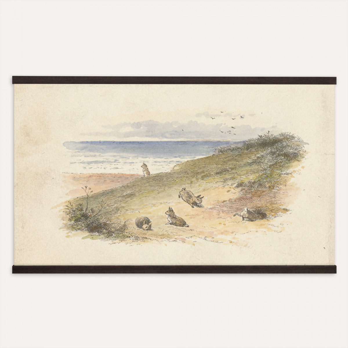 66469086-MGV-TP-30X20 - Post Impressionism oil painting tapestry wall hanging of "Spring" by Ernest de Chamaillard, showing a stone Breton cottage behind a blossoming tree in full pink bloom, with a bright spring garden around it in soft pink blossoms against grey stone walls and new spring green. Extra large wall art, made in the USA.