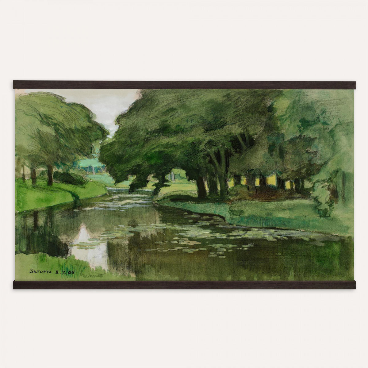 91917894-MGV-TP-30X20 - Tonalism oil painting tapestry wall hanging of "Hill and Marshland" by Charles Harold Davis, showing a low marsh threaded with still water channels, tall reeds, and a rounded hill under a wide luminous sky in muted marsh greens and browns under a wide pale luminous sky. Extra large wall art, made in the USA.