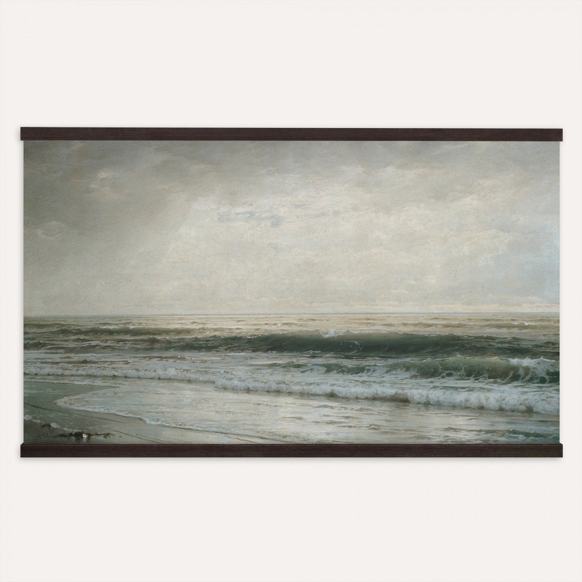 95916944-MGV-TP-30X20 - Barbizon oil painting tapestry wall hanging of "The River" by Edward Gay, showing a wide slow river cutting through deep summer meadow grass, with low trees and a soft open sky beyond in rich moss and olive green meadow tones with a pale silver river. Extra large wall art, made in the USA.