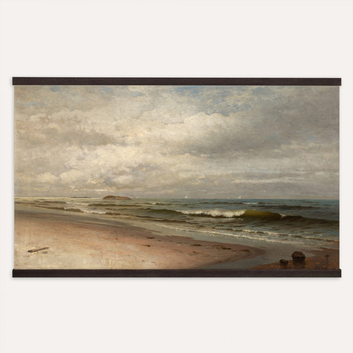 14251382-MGV-TP-30X20 - Impressionism oil painting tapestry wall hanging of "View of the Seacoast near Wargemont in Normandy" by Pierre-Auguste Renoir, showing green Normandy cliffs rolling down to a bright sea, with scattered shrubs and a light-filled summer sky in fresh greens and soft blues with warm sunlit highlights. Extra large wall art, made in the USA.