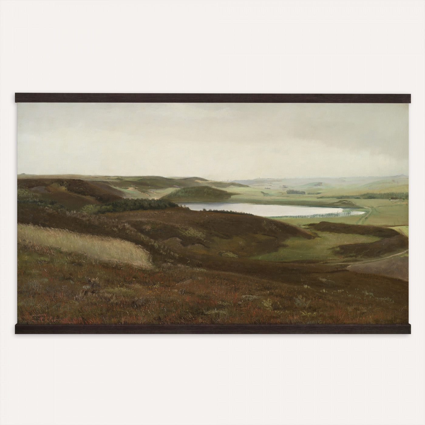 13706816-MGV-TP-30X20 - Expressionism oil painting tapestry wall hanging of "Dunes" by James Ensor, showing a steep dune ridge cutting across the canvas, with wind-bent grasses and a heavy sky pressing down behind it in muted sand and olive dune tones under a dark weighted sky. Extra large wall art, made in the USA.