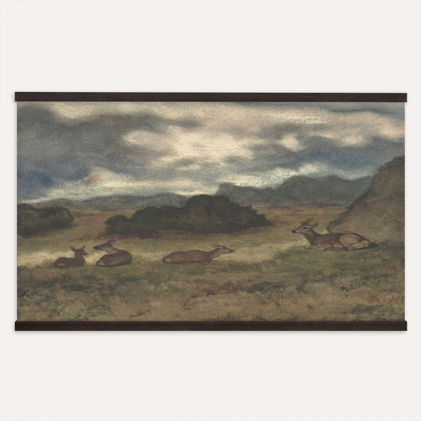 72841227-MGV-TP-30X20 - Realism oil painting tapestry wall hanging of "Bohmisch-Mahrische Hohe" by Ferdinand Engelmuller, showing a snow-covered highland village with low cottages, bare trees, and deep drifts stretching toward pale winter hills in cool white snow with warm ochre cottage walls under a pale winter sky. Extra large wall art, made in the USA.