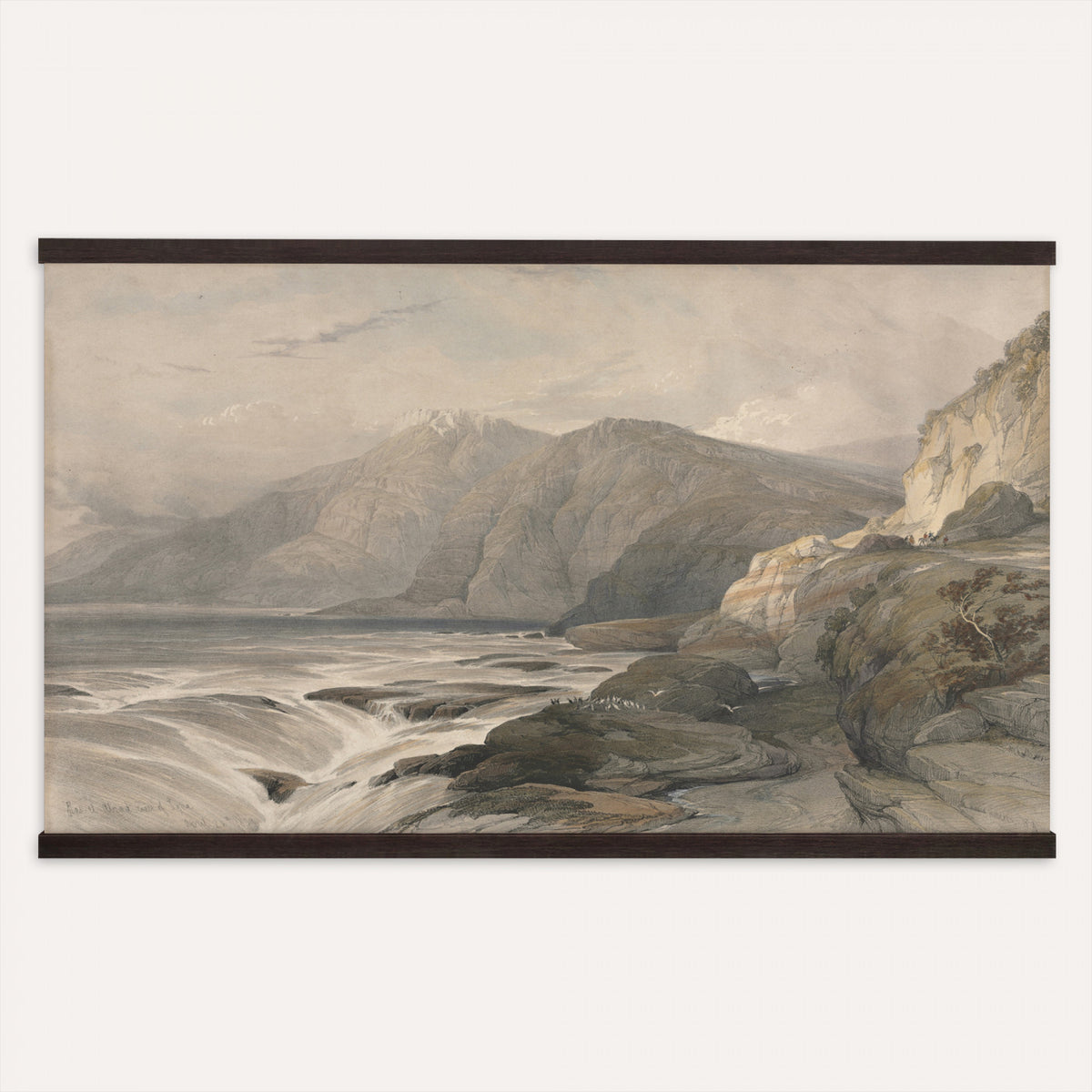 36494221-MGV-TP-30X20 - Realism oil painting tapestry wall hanging of "Stormy Sea" by Alfred Jensen, showing heavy breaking waves rolling under a dark storm sky, with white foam catching the last light on the water in deep grey-green waves with white foam under a heavy storm sky. Extra large wall art, made in the USA.