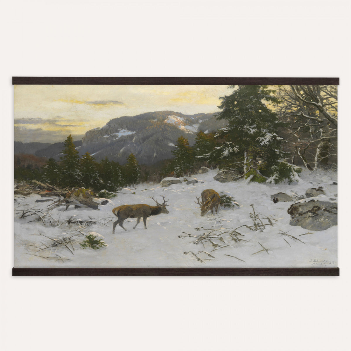 88363585-MGV-TP-30X20 - Realism oil painting tapestry wall hanging of "Rotwild" by Franz Xaver von Pausinger, showing a herd of red deer resting in a quiet clearing, tall grasses, and dark forest edges fading into soft light in warm russet deer coats against deep forest green and golden grass. Extra large wall art, made in the USA.