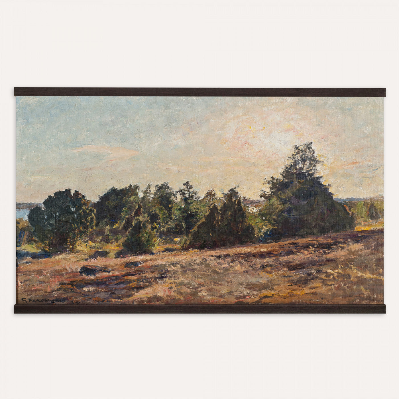 89318871-MGV-TP-30X20 - Impressionism oil painting tapestry wall hanging of "Landscape" by Jane Sutherland, showing a sunlit open field, dry golden grasses, and slender eucalyptus trees leaning under a bright southern sky in warm golden field tones with soft sage-green eucalyptus foliage. Extra large wall art, made in the USA.