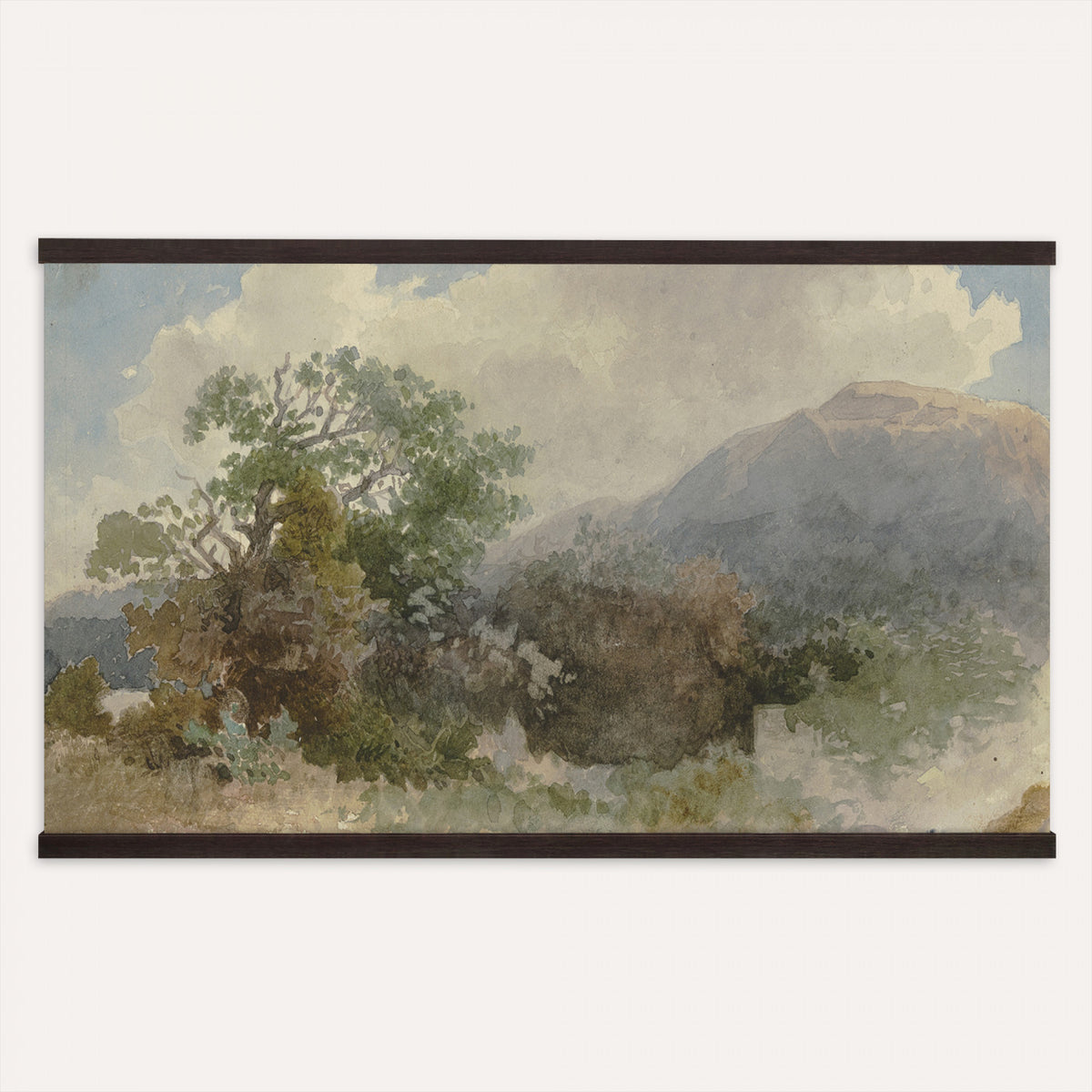 57654233-MGV-TP-30X20 - Romanticism watercolor tapestry wall hanging of "Landscape with a Church" by Thomas Girtin, showing a village church tower rising above open farmland, weathered stone walls, and a wide, luminous English sky in muted grey-blue washes with warm ochre fields and a pale open sky. Extra large wall art, made in the USA.