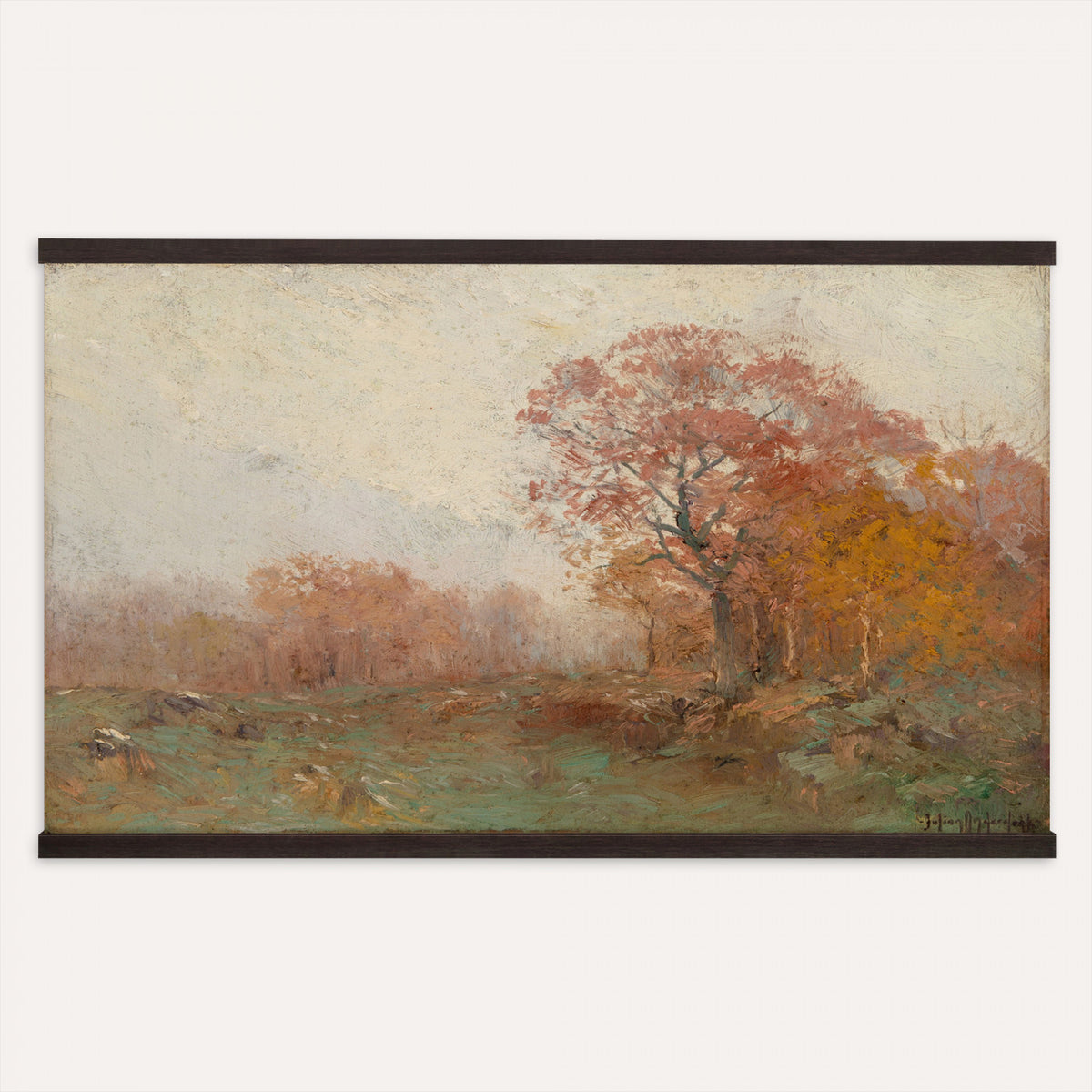 10997793-MGV-TP-30X20 - Tonalism watercolor tapestry wall hanging of "Field of Varicolored Grasses in Late Summer (In the Virginia Hills)" by William Henry Holmes, showing sun-flecked yellow, purple, and reddish grasses spreading across peaceful rolling hills under a warm twilight atmosphere in a colorful meadow and green trees under a soft pale purple sky. Extra large wall art, made in the USA.