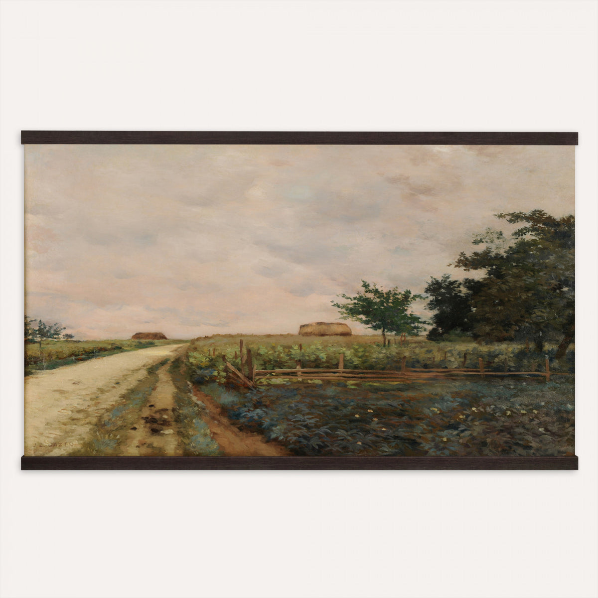 25709765-MGV-TP-30X20 - Realism watercolor tapestry wall hanging of "Landscape with a Windmill" by Jean-Baptiste-Arthur Calame, showing a winding dirt road, traditional thatched-roof farmhouses, and a historic windmill sitting peacefully on the distant horizon in soft brown and green tones under a cloudy sky. Extra large wall art, made in the USA.