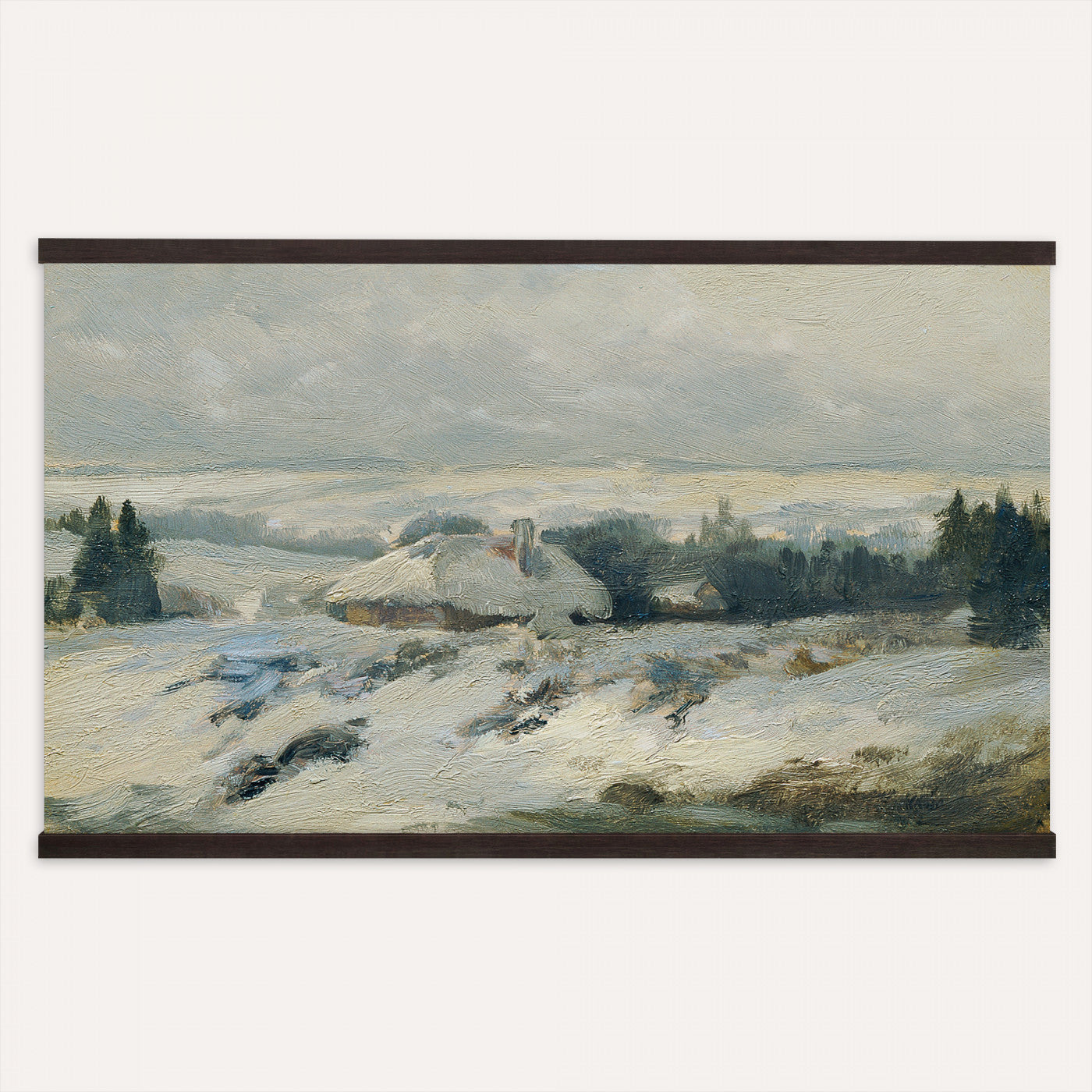 95240376-MGV-TP-30X20 - Realism oil painting tapestry wall hanging of "Bohmisch-Mahrische Hohe" by Ferdinand Engelmuller, showing a snow-covered highland village with low cottages, bare trees, and deep drifts stretching toward pale winter hills in cool white snow with warm ochre cottage walls under a pale winter sky. Extra large wall art, made in the USA.