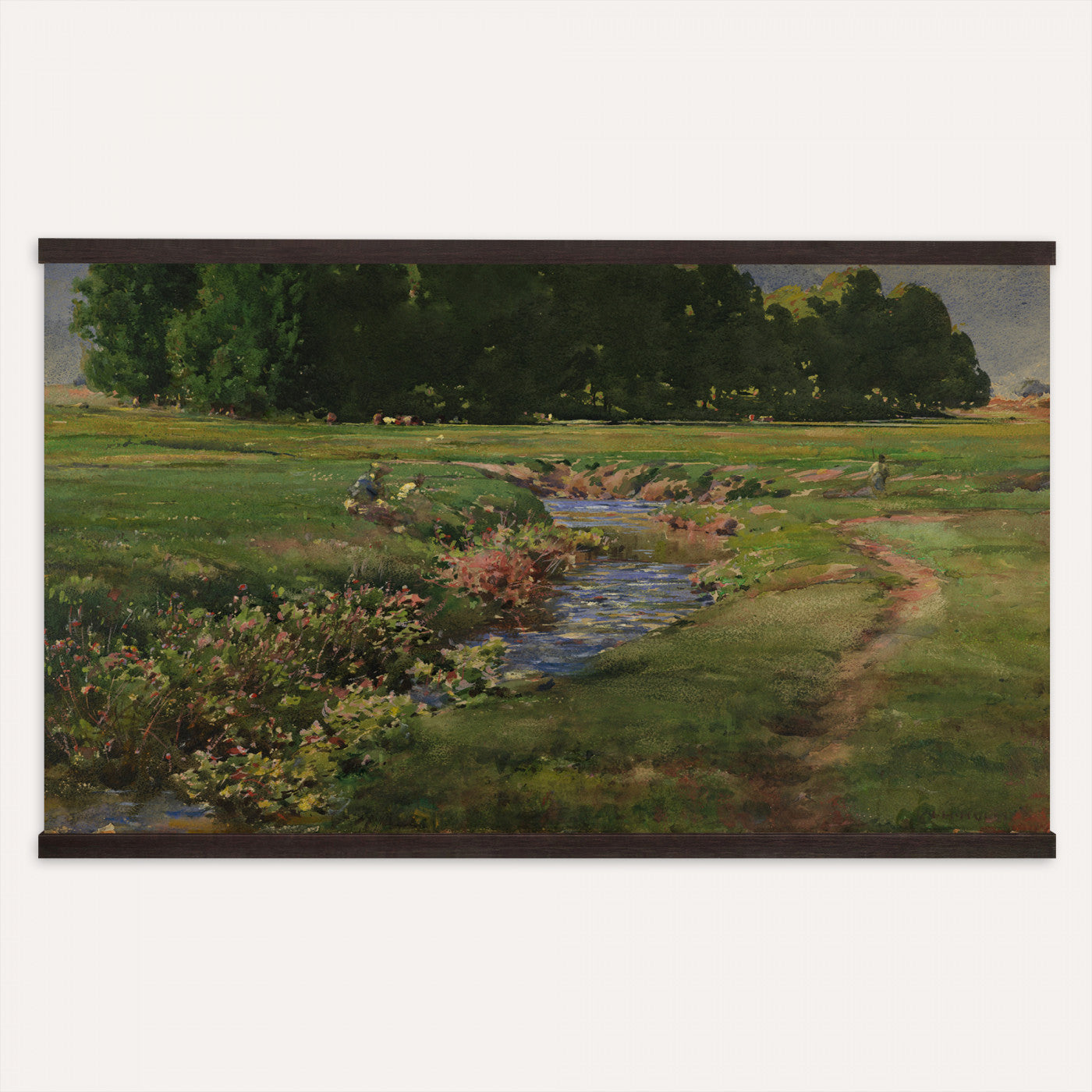 28805531-MGV-TP-30X20 - Tonalism watercolor tapestry wall hanging of "The Babbling Brook" by William Henry Holmes, showing a small brook running through open meadow grass, with soft banks, low shrubs, and a gentle rise beyond in fresh meadow greens with pale blue water and a soft light sky. Extra large wall art, made in the USA.